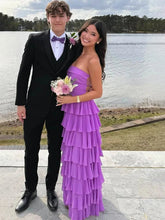 Purple Strapless Cascading Tiered Ruffle Prom Dress