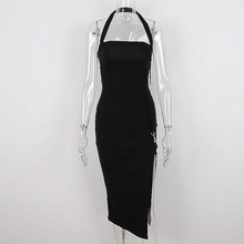Women's Black Halter Prom Dress With Slit Sexy Black Sleeveless Evening Dress Y1161