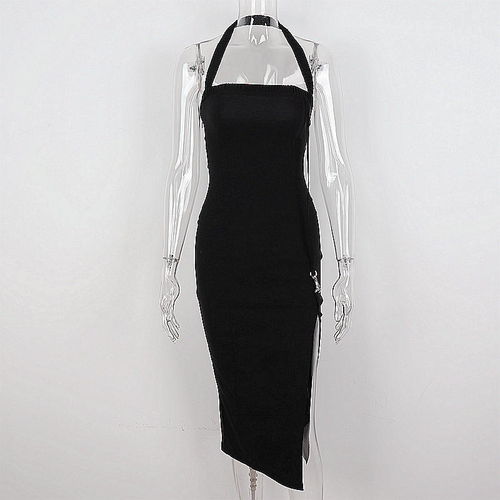 Women's Black Halter Prom Dress With Slit Sexy Black Sleeveless Evening Dress Y1161