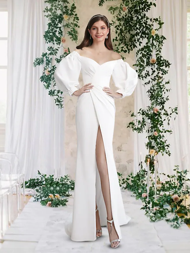 Wedding Dresses Off Shoulder  Stretch Fabric Half Sleeve Simple with Split Front