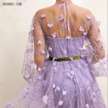 Sexy Tulle High Neck Front Slit Appliques Flowers Long Sleeves Prom Dress GJS312