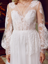 A-Line Wedding Dresses V Neck  Lace Tulle Long Sleeve See-Through with Appliques