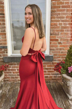 Red Satin Mermaid V-neck Long Prom Dresses with Bow,Evening dresses Y1568
