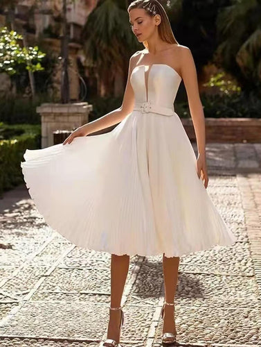 Bridal Shower Little White Dresses Wedding Dresses Tea Length A-Line Sleeveless Strapless Satin With Sash  Ribbon