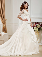 Ball Gown Wedding Dresses V Neck Chapel Train Taffeta Half Sleeve See-Through with Ruched Beading Appliques