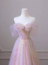 Shiny Tulle Sequins Long Prom Dress, A-Line Off the Shoulder Evening Dress Y1416