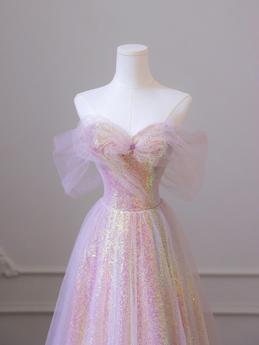 Shiny Tulle Sequins Long Prom Dress, A-Line Off the Shoulder Evening Dress Y1416
