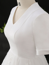 A-Line Wedding Dresses V Neck Court Train Satin Tulle Half Sleeve Simple Elegant with Appliques