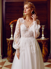 A-Line Wedding Dresses V Neck  Lace Tulle Long Sleeve See-Through with Appliques