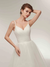 A-Line Wedding Dresses V Neck Asymmetrical Tulle Spaghetti Strap Simple Casual Little White Dress with Side-Draped