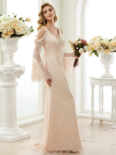 Wedding Dresses Plunging Neck Sheer Lace Long Sleeve Wedding Dress in Color Open Back Floral Lace with Bow(s) Crystals