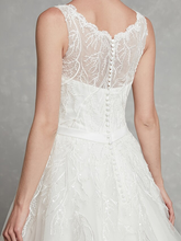 A-Line Wedding Dresses Scoop Neck Chapel Train Lace Tulle Regular Straps Formal Illusion Detail with Lace Sash  Ribbon