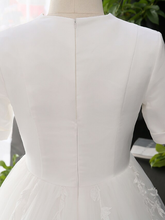 A-Line Wedding Dresses V Neck Court Train Satin Tulle Half Sleeve Simple Elegant with Appliques