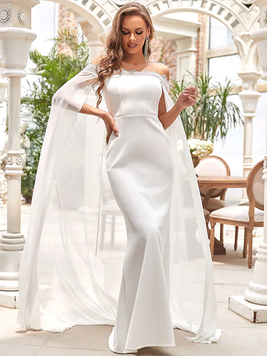 Wedding Dresses Off Shoulder  Chiffon Satin Lace Over Satin Sleeveless Simple with Draping Lace Insert