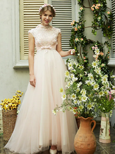 A-Line Wedding Dresses High Neck Sweep  Brush Train Tulle Short Sleeve Open Back with Bowknot Sash  Ribbon Beading