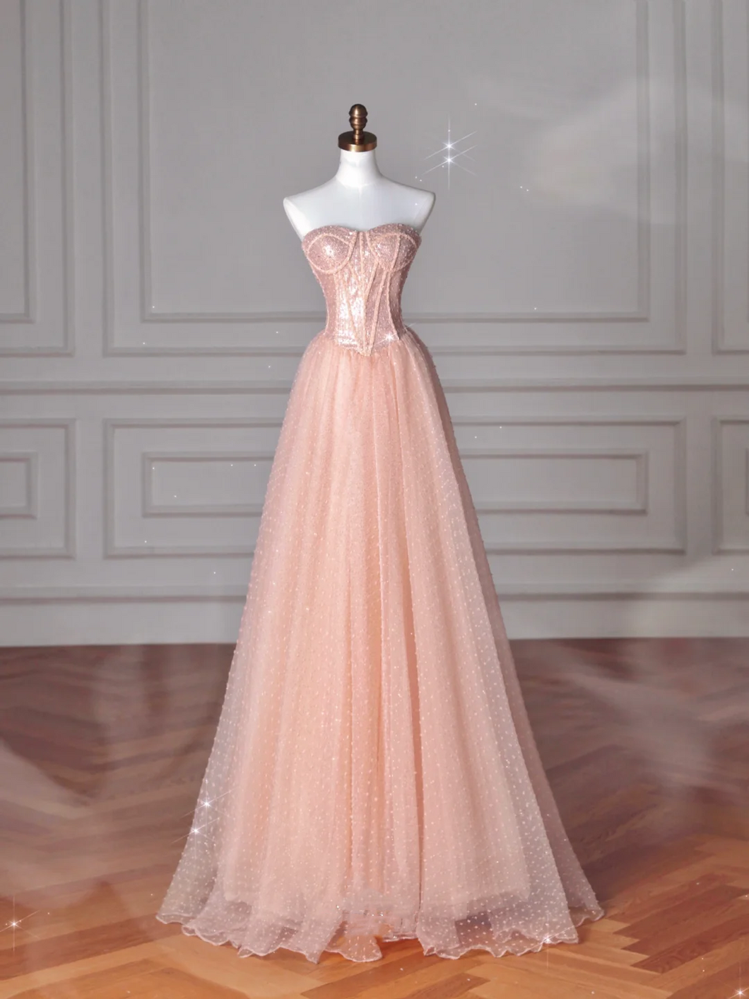 Pretty Peach Pink Strapless Sequins Tulle A Line Long Prom Dress Evening Dress Y8645