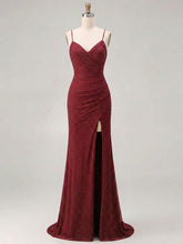 Red Glitter Ruched Spaghetti Strap Prom Dress with Slit