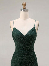 Red Glitter Ruched Spaghetti Strap Prom Dress with Slit