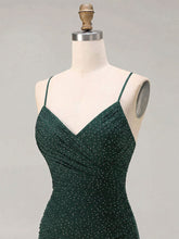 Red Glitter Ruched Spaghetti Strap Prom Dress with Slit