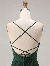 Red Glitter Ruched Spaghetti Strap Prom Dress with Slit