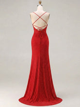 Red Glitter Ruched Spaghetti Strap Prom Dress with Slit
