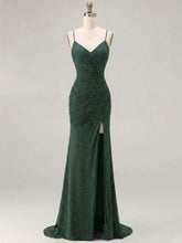 Red Glitter Ruched Spaghetti Strap Prom Dress with Slit