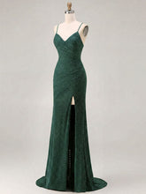 Red Glitter Ruched Spaghetti Strap Prom Dress with Slit