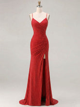 Red Glitter Ruched Spaghetti Strap Prom Dress with Slit