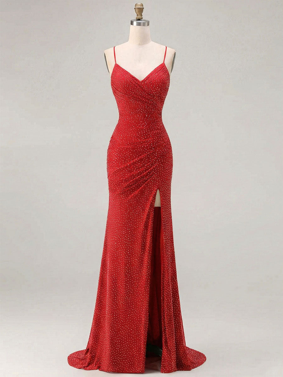 Red Glitter Ruched Spaghetti Strap Prom Dress with Slit