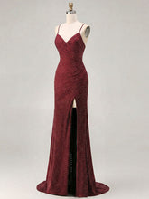 Red Glitter Ruched Spaghetti Strap Prom Dress with Slit