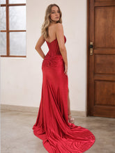 Red Mermaid Strapless Corset Beaded Prom Dress with Slit