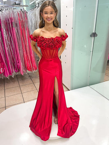 Red Off-the-Shoulder 3D Rosette Corset Bodice Satin Prom Dress with Slit