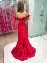 Red Off-the-Shoulder 3D Rosette Corset Bodice Satin Prom Dress with Slit