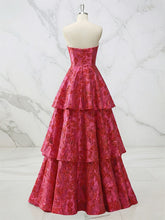 Red Plunging Strapless Tiered Brocade Prom Dress