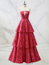 Red Plunging Strapless Tiered Brocade Prom Dress