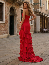 Red Ruffled Corset High-Low Long Prom Dress with Rosette