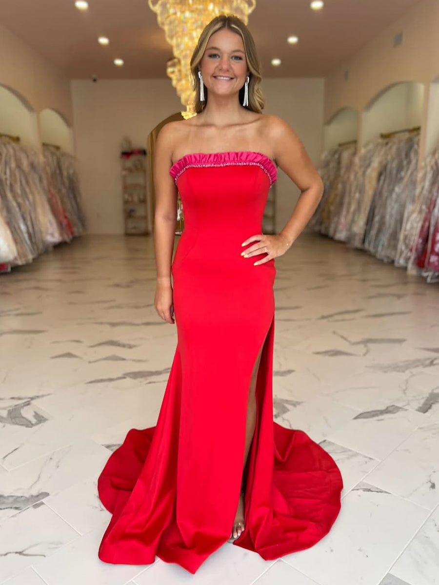 Red Ruffled Strapless Long Prom Dress with Slit – Anna PromDress