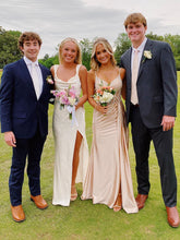 Red Satin Cowl Neck Wide Tank Straps Prom Dress with High Slit