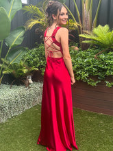 Red Satin Cowl Neck Wide Tank Straps Prom Dress with High Slit