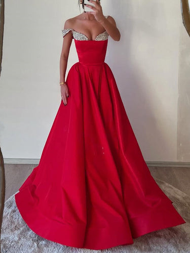 Red Satin Off-the-Shoulder Prom Dress with Crystal Encrusted Fold-Over Neckline