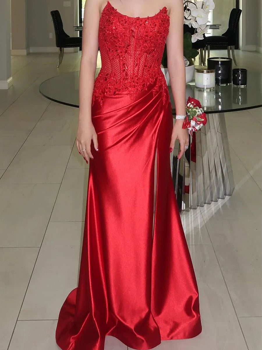 Red Satin Strapless Beaded Lace Corset Prom Dress with High Slit