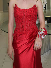 Red Satin Strapless Beaded Lace Corset Prom Dress with High Slit