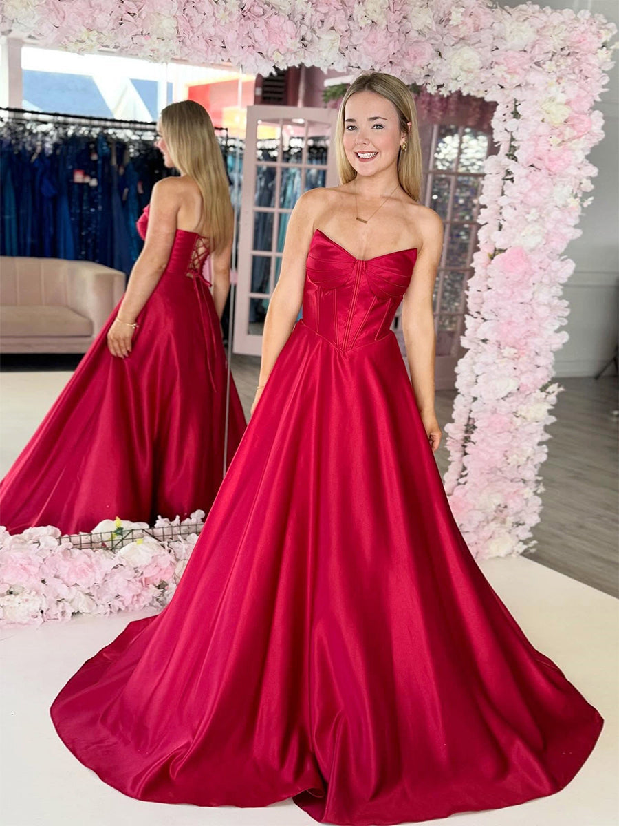 Red Satin Strapless Structured Corset Bodice Prom Dress
