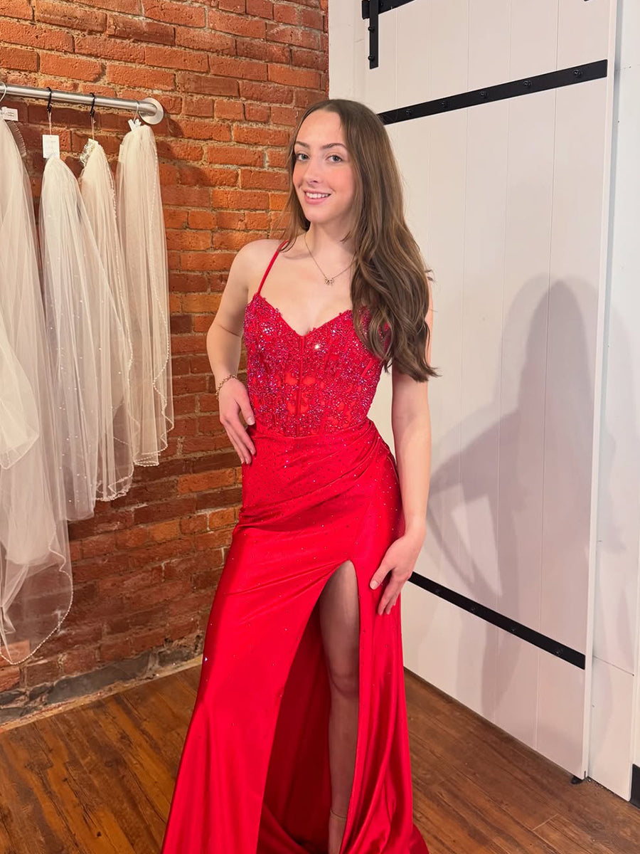 Red Sequin Spaghetti Straps Corset Prom Dress with High Slit