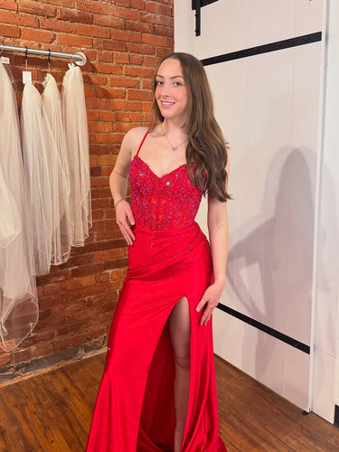 Red Sequin Spaghetti Straps Corset Prom Dress with High Slit