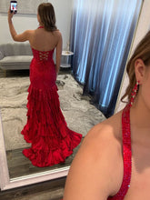 Red Shimmer Halter Tiered Ruffle Long Prom Dress with Slit