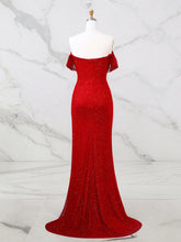 Red Shimmer Off-Shoulder Long Prom Dress with High Slit