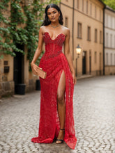 Red Strapless Beaded Fringe Waist Sequin Prom Dress with High Slit