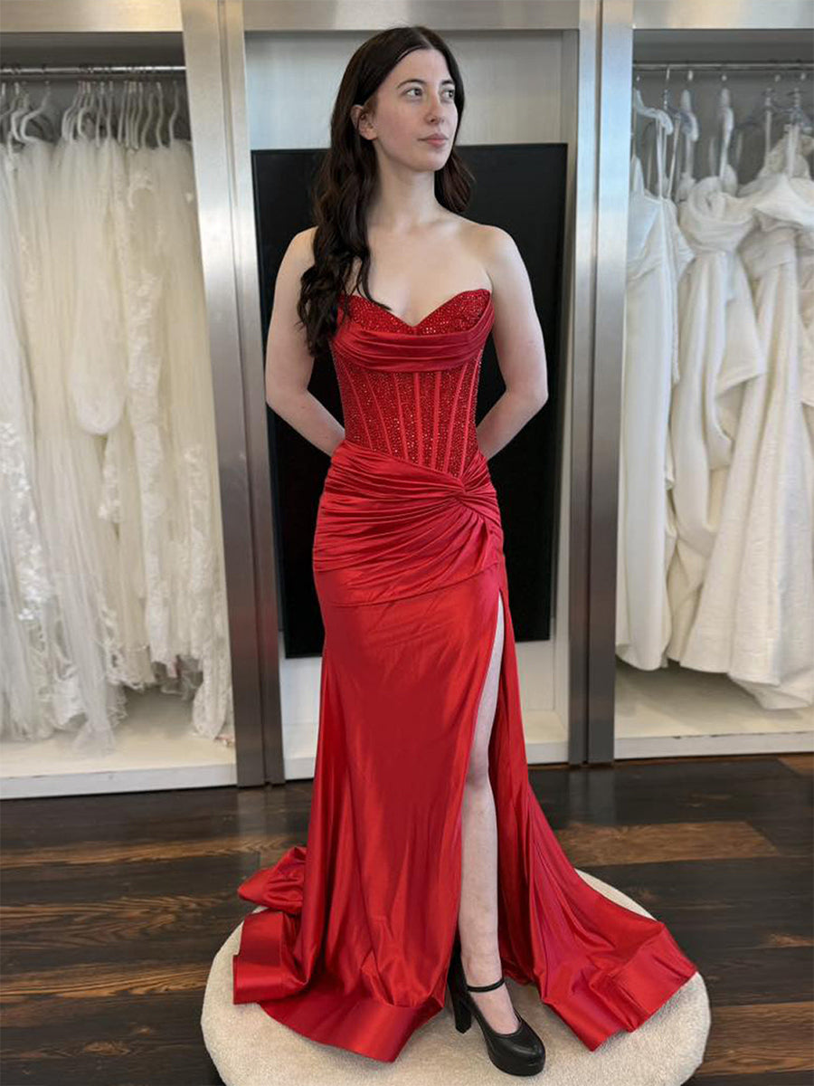 Red Strapless Corset Beaded Bodice Prom Dress with High Slit