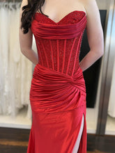 Red Strapless Corset Beaded Bodice Prom Dress with High Slit